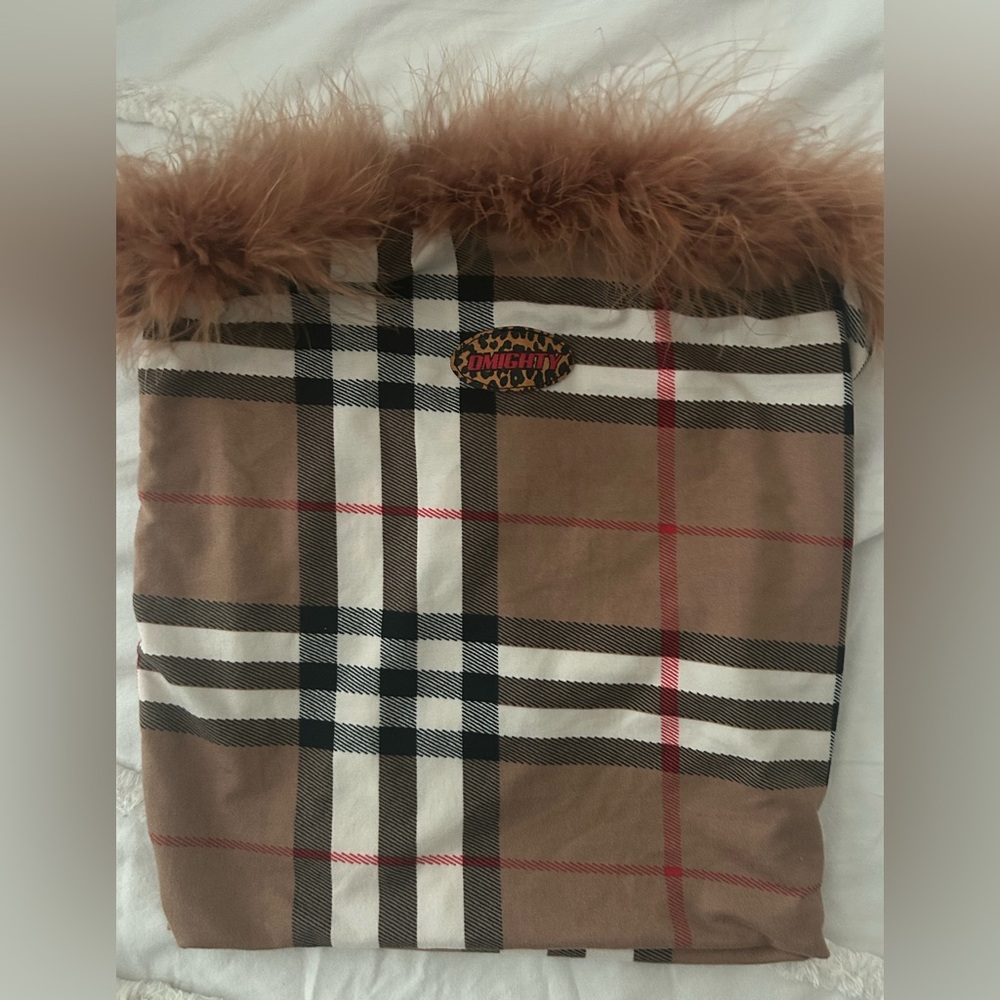 O-Mighty Brown and Black Plaid Cropped Tube Top with Faux Fur Trim Small